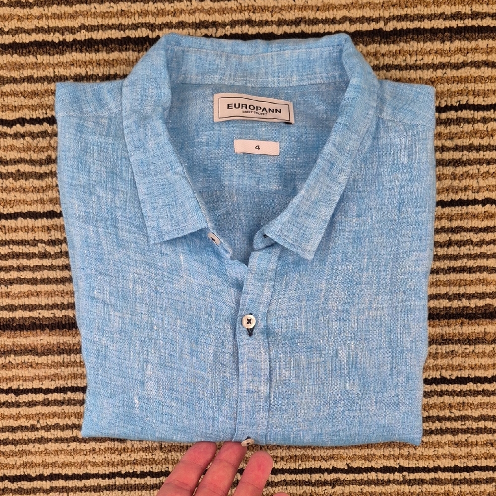 EUROPANN Saint Tropez Light Blue‎ Weave LINEN Sz 4 US XL Mens Long Sleeve Shirt